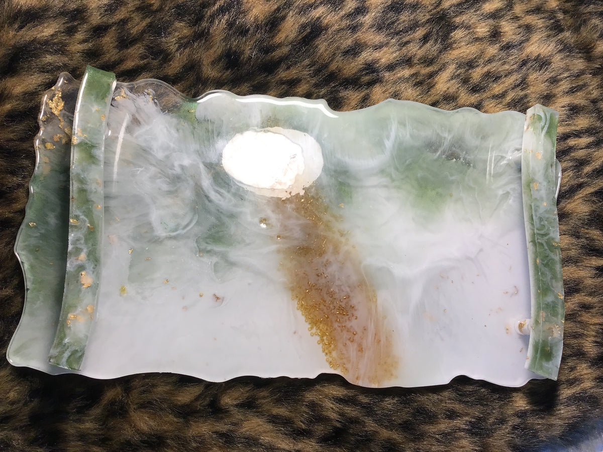Resin serving tray green marble